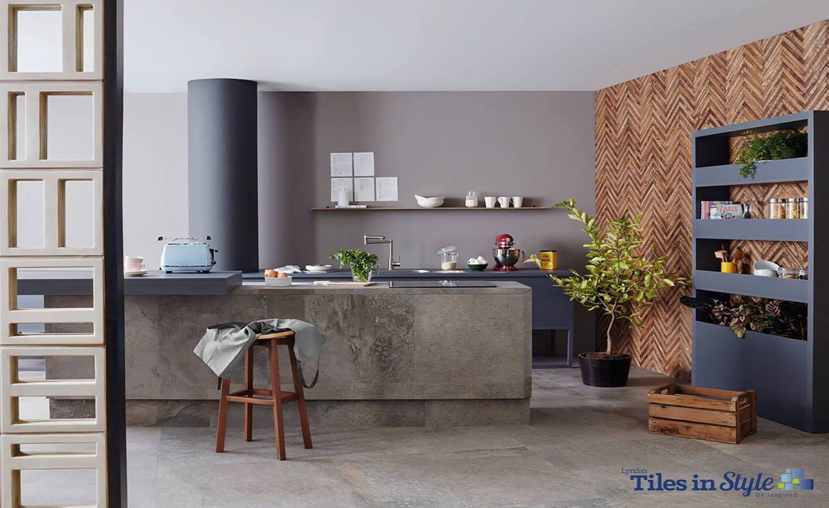 Concrete floor tiles in a kitchen