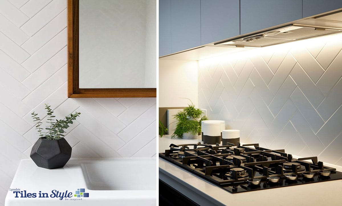 White herringbone splashback tiles in a kitchen