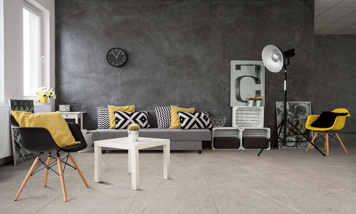 Modern living Room in Bundaberg Home With Large Floor Tiles