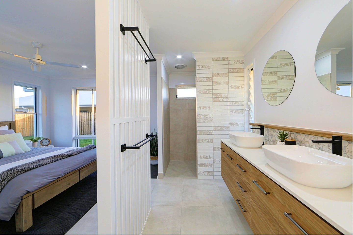 An open ensuite design with feature wall tiles - Tiles Bundaberg, QLD