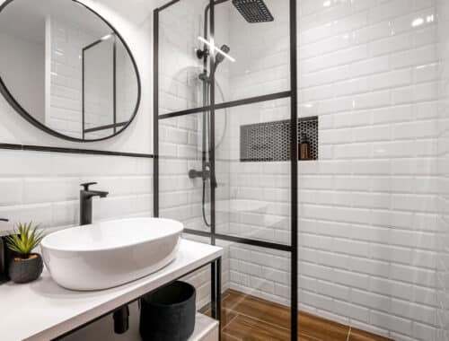 Bathroom With White And Brown Tiles